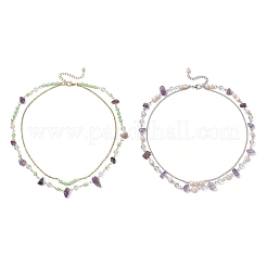 2Pcs 2 Styles Natural Amethyst Chip & Glass & 304 Stainless Steel Handmade Link Chain Double Layer Necklaces for Women&nbsp;NJEW-JN05363
