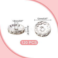 真鍮ビーズ120個  ガラスラインストーン付き  フラットラウンド  銀  12x4mm  穴：1.8mm&nbsp;GLAA-HY0001-51