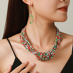 クリスマス ガラス シード ビーズ マルチレイヤー ネックレス & ティアドロップ ダングル イヤリング セット  レッド  460ミリ＆70x23mm&nbsp;WG44FFB-03