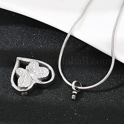 304 Stainless Steel Micro Pave Clear Cubic Zirconia Butterfly Heart Pendant Pet Urn Ashes Necklaces&nbsp;NJEW-S455-10P