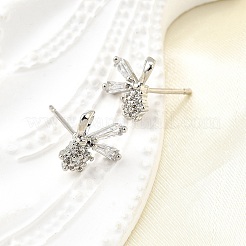 真鍮マイクロペーブクリアキュービックジルコニアスタッドピアス  蝶結び  プラチナ  11x11mm&nbsp;EJEW-M103-12P