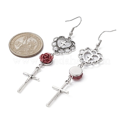 アロイハート&クロス&レジンローズダングルイヤリング  女性用ロングドロップピアス  レッド  98x20mm&nbsp;EJEW-JE05314