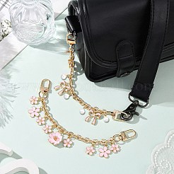 2個 2スタイル 合金 ピンク エナメル フラワー 蝶結び ペンダント アズキチェーン 財布 装飾チェーン  亜鉛合金カニカン付き  バッグストラップ用交換アクセサリー用  ライトゴールド  207mmと213mm  1個/スタイル&nbsp;AJEW-SC0031-22
