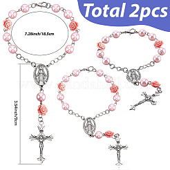 2Pcs Alloy Virgin Cross & Synthetic Coral Rose Flower Rosary Hanging Ornaments for Car Decor&nbsp;HJEW-SC0003-43