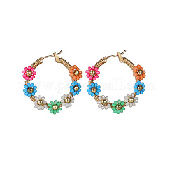 Flower Brass Glass Seed Beaded Hoop Earrings&nbsp;FS-WG0698E-01