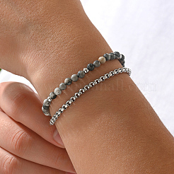 Natural Map Stone Round Beaded 2-Strand Bracelets with 201 Stainless Steel Box Chains for Men Women&nbsp;EI8345-5