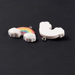 不透明樹脂ペンダント  プラチナトーンの鉄製ループとグリッターパウダー付き  雲と虹  カラフル  22x28x6mm  穴：2mm&nbsp;RESI-G040-D03-B