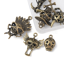 6 個 6 スタイルのハロウィン合金ペンダント  スカル  アンティークブロンズ  24~48x16~33.5x9~14mm  穴：2.5mm  1個/スタイル&nbsp;FIND-FS0001-47