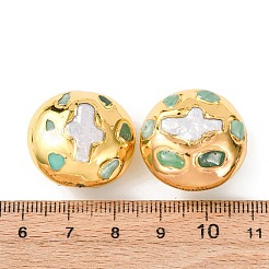 天然染め白翡翠ビーズ  ラックメッキ金色真鍮パーツと天然ケシパール付き  長持ちメッキ  フラットラウンド  24.5x22x14mm  穴：1mm&nbsp;KK-K348-12G-01