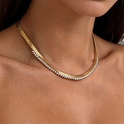 女性用304ステンレススチール製パヴェスクエアクリアキュービックジルコニアフラットスネークチェーンネックレス  ゴールドカラー  16.54インチ（42cm）&nbsp;WG60D5C-01