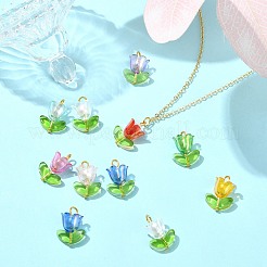 90色のアクリルランプワークペンダント9個  鉄パーツ  花  ゴールドカラー  ミックスカラー  20mm  穴：2.5mm  90個/セット&nbsp;PALLOY-CJ00048