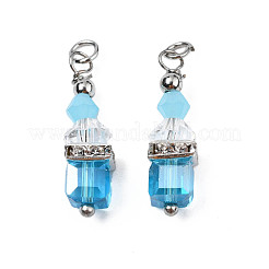 ファセット透明ガラスチャーム  プラチナメッキの鉄パーツとジャンプリング付き  キューブ  ミックスカラー  25.5x6x6mm  穴：2mm&nbsp;GLAA-Q026-08