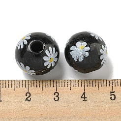 プリントウッドヨーロピアンビーズ  デイジー模様の丸い  ブラック  15.5~16mm  穴：4~4.5mm&nbsp;WOOD-G022-19E