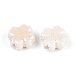手作りの陶器ビーズ  4葉のクローバー  光沢釉の磁器  ベージュ  11.5~12x11.5~12x5.5~6mm  穴：1.8~2mm&nbsp;PORC-Z001-01K-01