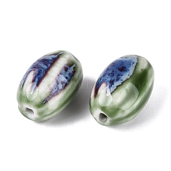 ヴィンテージの手作り磁器ビーズ  樽型  アンティーク調の釉薬をかけたセラミックビーズ  シーグリーン  12~15x19~21mm  穴：2~3mm&nbsp;PORC-Q006-10H
