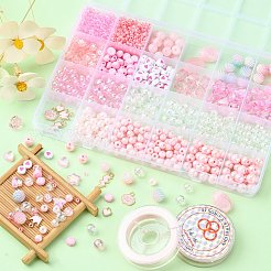 Diyピンクシリーズメイキングキット  合金エナメルペンダントを含む  アクリル＆プラスチックビーズ  ガラスシードビーズ  フラット弾性クリスタルストリング  ミックスカラー  20x7x1.5mm  穴：2mm  2pc&nbsp;DIY-FS0001-69