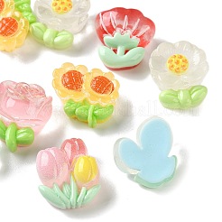 クリア樹脂カボション  花  グリッターパウダー付き  ミックスカラー  12~15.5x12~14.5x5.5~7.5mm&nbsp;RESI-G134-01