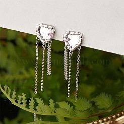 クリスタル ラインストーン ハート タッセル ダングル スタッド イヤリング  女性用真鍮ドロップピアス  プラチナ  48x12.6mm  ピン：0.9mm&nbsp;JE1029A