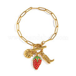 Ocean 304 Stainless Steel Enamel Strawberry Shell Shape Charm Paperclip Chain Bracelets with OT Clasps&nbsp;VA6795