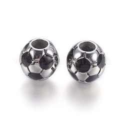 304ステンレススチールエナメルヨーロピアンビーズ  大穴ビーズ  サッカー/サッカーボール  ブラック  ステンレス鋼色  12.5x12mm  穴：5mm&nbsp;STAS-P212-16P