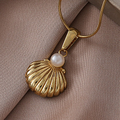 316 Surgical Stainless Steel with Imitation Pearl Shell Shape Pendant Necklaces for Women&nbsp;MG3658