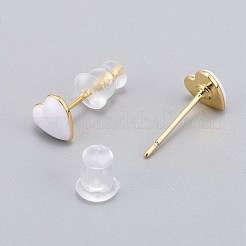 真鍮エナメルスタッドピアス  プラスチック製のピアスキャッチで  長持ちメッキ  ハート  18KGP本金メッキ  ホワイト  6x6.5mm  ピン：1mm&nbsp;EJEW-L231-65D