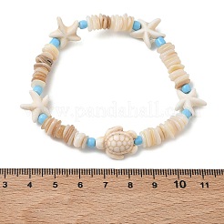 オーシャンスタイル ナチュラルシェルチップ＆合成ターコイズビーズ ストレッチブレスレット（女性用）  ヒトデとカメ  内径：1.95インチ（4.95cm）&nbsp;BJEW-JB13816