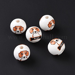 プリントウッドヨーロピアンビーズ  大穴ビーズ  ビーグル犬の模様で丸く  オレンジ  15.5~16x14.5~15mm  穴：4.6mm&nbsp;WOOD-B005-02D