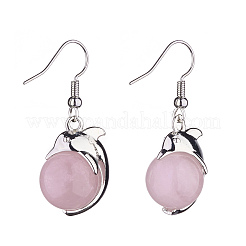 Natural Rose Quartz Dolphin Dangle Earrings with Crystal Rhinestone&nbsp;EJEW-A092-20P-07