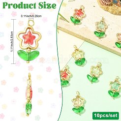 10色フラワーガラスペンダント5個  304ステンレススチール製金具付き  ミックスカラー  ゴールドカラー  27.4mm  穴：3mm&nbsp;PALLOY-FS00078