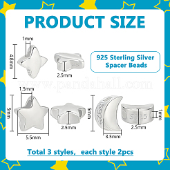6 個 3 スタイル 925 スターリングシルバービーズ  銀色のメッキ  スタンプ925個付き  混合図形  5x3.5~5.5x2.5mm  穴：1~1.5mm  2個/スタイル&nbsp;STER-PH0004-81