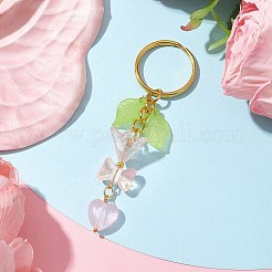 ちょう結びとハートのガラスペンダント装飾  アクリルリーフ/フラワーチャームとアイアンスプリットキーホルダー付き  ミスティローズ  8.8cm&nbsp;KEYC-JKC00691-03