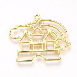 合金空枠ペンダント  UVレジンDIY用  エポキシ樹脂  プレスジュエリー  城  ゴールドカラー  40x46x2mm  穴：2.5mm&nbsp;PALLOY-R098-10G