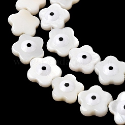 天然淡水シェルビーズ連売り  エナメル  ナザールボンジュウ付き花  フローラルホワイト  9.5~10.5x9.5~10.5x3.5~4mm  穴：0.5mm  約39~41個/連  15.08~15.35''（38.3~39センチメートル）&nbsp;SHEL-A006-03E