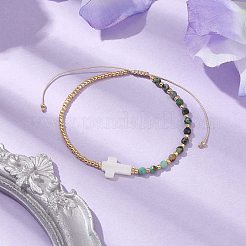 3mm ラウンドファセット天然アフリカンターコイズ（ジャスパー）＆シードビーズ編みビーズブレスレット  女性用調節可能なクロス天然貝殻ブレスレット  0.2~0.35cm  内径：2-1/8~2-3/8インチ（5.5~6cm）&nbsp;BJEW-JB10594-03