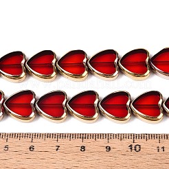 電気メッキガラスビーズセット  ハート  ゴールデントーンの真鍮の縁を持つ  レッド  13~13.5x14x4~4.5mm  穴：0.8~0.9mm  約22個/連  11.02''（28センチメートル）&nbsp;X-EGLA-T021-23A