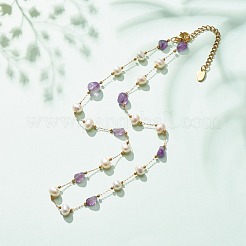 Natural Amethyst & Pearl Beaded Necklace&nbsp;NJEW-JN03894-03