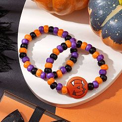 2個 2スタイル パンプキンプラスチックビーズストレッチブレスレットセット  ハロウィン 重ね付けできるブレスレット  ミックスカラー  内径：2インチ（5.1cm）  1個/スタイル&nbsp;BJEW-JB10888
