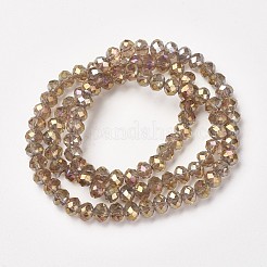 電気メッキ透明ガラスビーズ連売り  フル虹メッキ  多面カット  ロンデル  淡い茶色  3.5x3mm  穴：0.4mm  約123~127個/連  13.7~14.1インチ（35~36cm）&nbsp;EGLA-A034-T3mm-T04