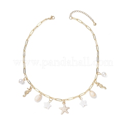 Alloy Enamel Starfish Sea Horse & Natural Shell Pendant Brass Paperclip Chain Necklaces for Women&nbsp;NJEW-JN05405-03