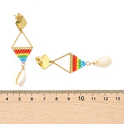 シードガラスを編み込んだ女性用ドロップピアス  菱形  天然カウリーシェル  304ステンレススチールスタッドピアス  18KGP本金メッキ  レッド  63.5x18.5mm&nbsp;EJEW-MZ00793-01