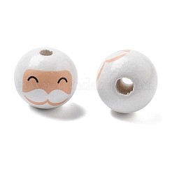 クリスマスプリントのシマウッドヨーロピアンビーズ  ラウンド  サンタクロース  ホワイト  19x17.5mm  穴：5mm&nbsp;WOOD-G023-17A
