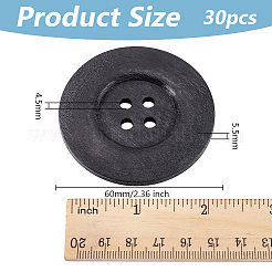 木製ボタン30個  4穴  服装アクセサリー  フラットラウンド  ブラック  60x5.5mm  穴：4.5mm&nbsp;BUTT-OC0001-50B