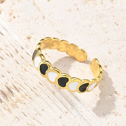 ハート 304 ステンレススチール エナメル オープン カフ リング 女性用  18KGP本金メッキ  ブラック  4.5mm  調整可能&nbsp;RJEW-U034-01G-02