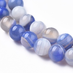 天然石縞瑪瑙/バンデットアゲートビーズ連売り  染め＆加熱  ラウンド  ブルー  6mm  穴：1.2mm  約65個/連  15.16インチ（38.5cm）&nbsp;G-I261-C02-6mm