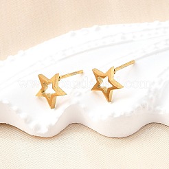 304ステンレススチール製小さな中空スタースタッドピアス（女性用）  ゴールドカラー  8x8mm  ピン：0.7mm&nbsp;STAS-A065-01G