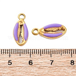 304ステンレスペンダント  エナメル  カウリーシェルシェイプチャーム  ゴールドカラー  紫色のメディア  17x8x3mm  穴：2mm&nbsp;LS-STAS-H235-08G-02