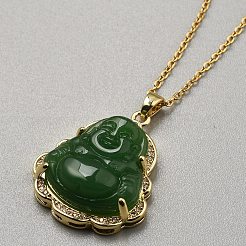 Stainless steel Crystal Rhinestone and Green Glass Maitreya Pendant Necklaces&nbsp;NJEW-WH0029-005G