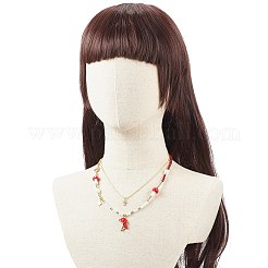 2 個 2 スタイル合金エナメル マッシュルーム ペンダント ネックレス セット  女性のための天然真珠と混合石のビーズの積み重ね可能なネックレス  ゴールドカラー  17.72~20.47インチ（45~52cm）  1個/スタイル&nbsp;NJEW-JN04095