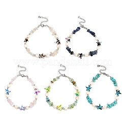 5Pcs 5 Styles Dyed Synthetic Turquoise Starfish & Natural White Moonstone & Lapis Lazuli & Flower Amazonite & Rose Quartz Chip Beaded Anklets with 304 Stainless Steel End Chains&nbsp;AJEW-AN00733
